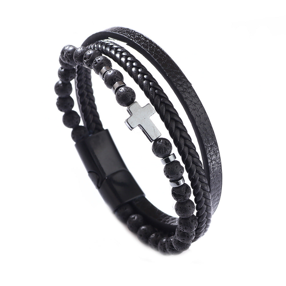 Wholesale Cross Hematite Frosted Stone Braided Bracelet